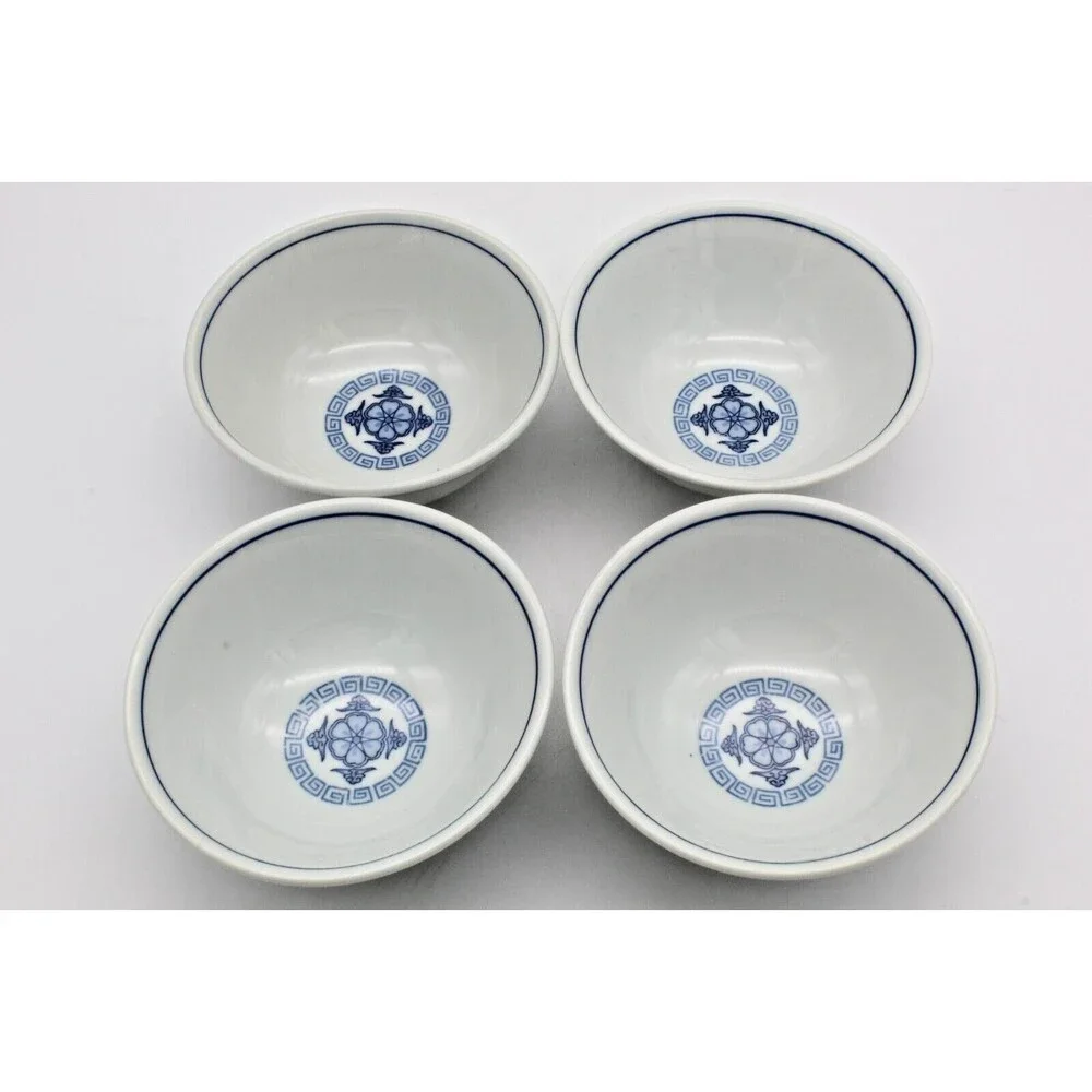 Dragon Rice Bowls Set of 4 Blue & White Stamped Japan Porcelain Flower Floral